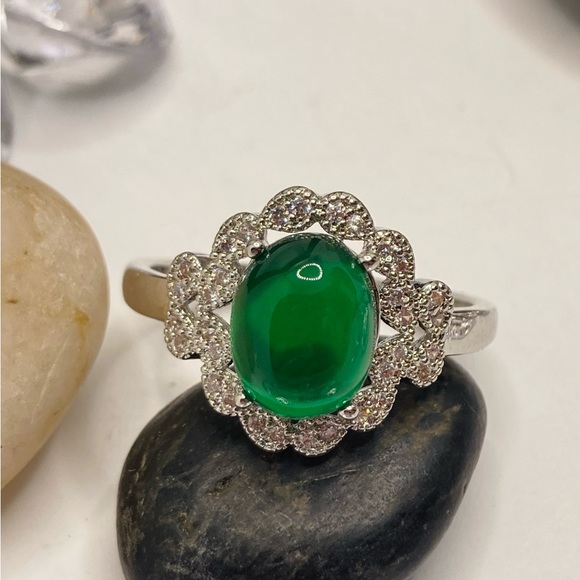 Art Deco Emerald Zircon Gemstone Micro Paved Halo Ring - Picture 2 of 6